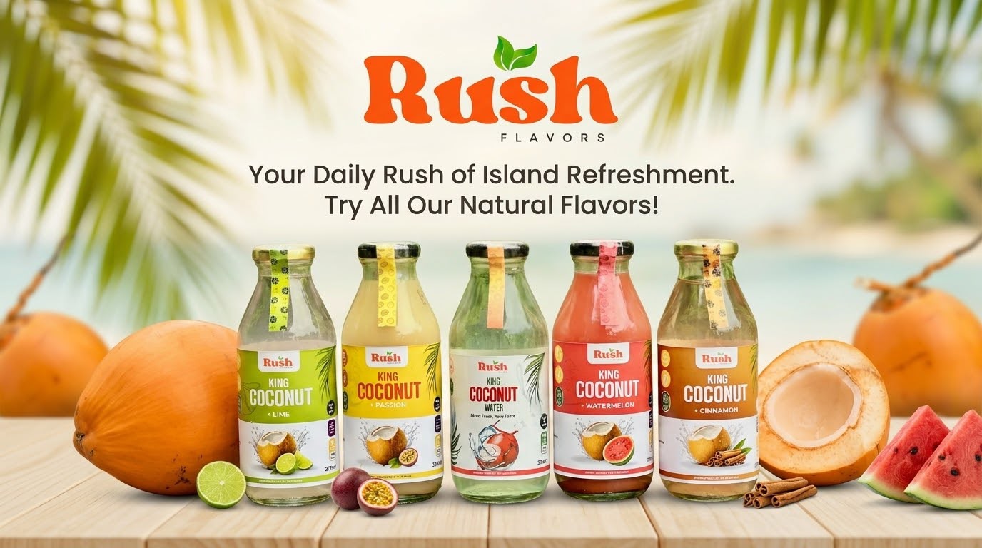 Rush Flavors King Coconut drinks โ Lime, Passion, Original, Watermelon and Cinnamon